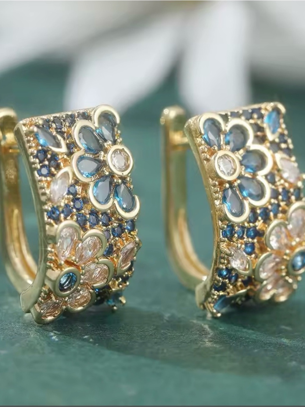 Gold Floral Blue Crystal Huggie Earrings